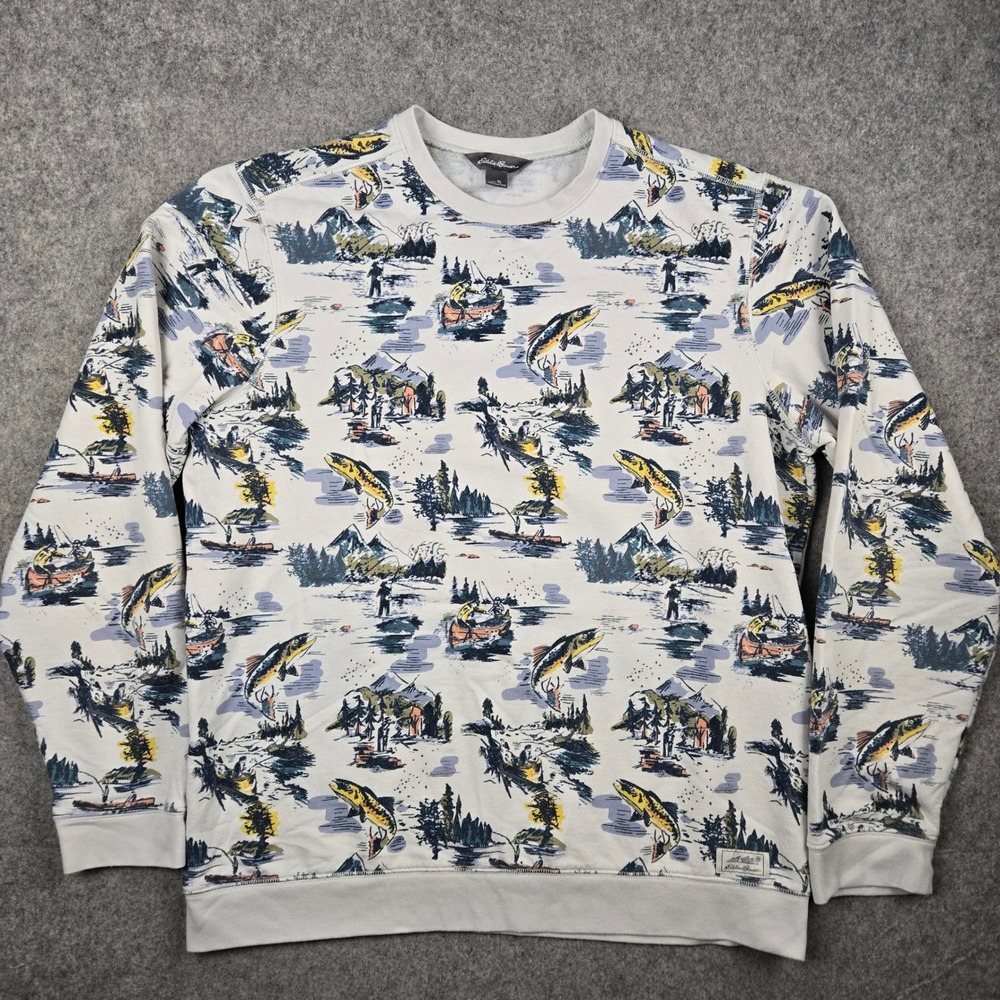 Eddie Bauer Sweatshirt Mens Large Tall Fishing‎ Trout Nature AOP Gorpcore Fleece